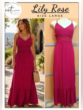 Lilly Rose Maxi Dress Large Crochet Lace Trim Swiss Dot Sleeveless Lined Boho